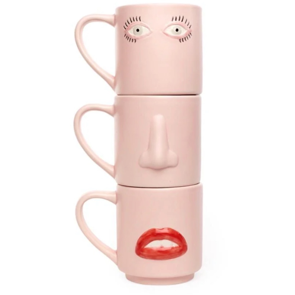 *NIB* Surreal Face Ceramic Mug Set 3 Pieces